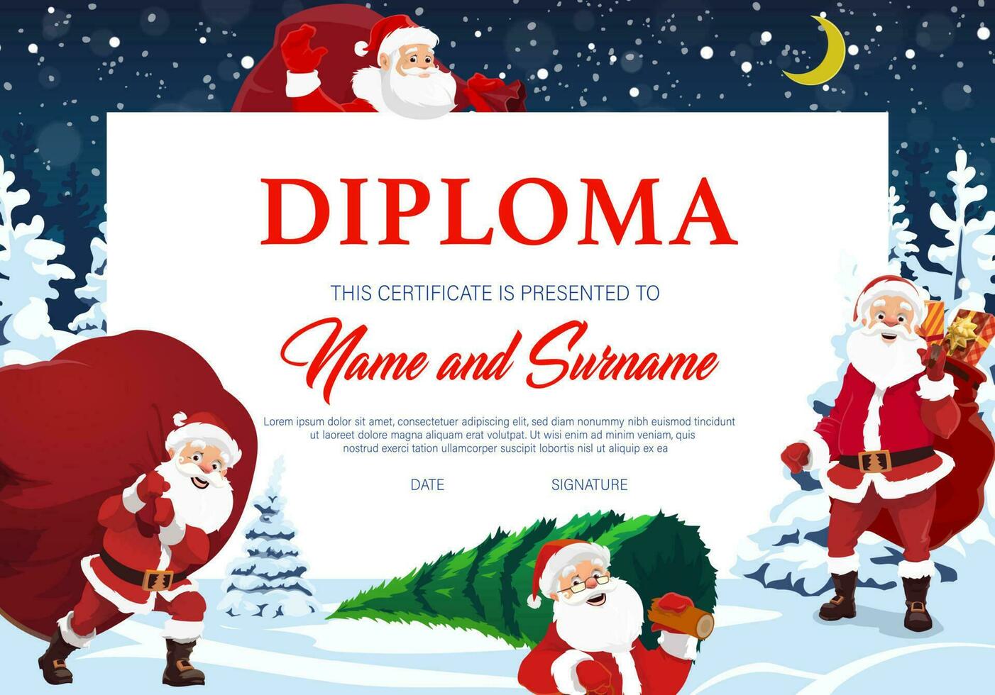 Kerstmis diploma of certificaat met de kerstman claus vector