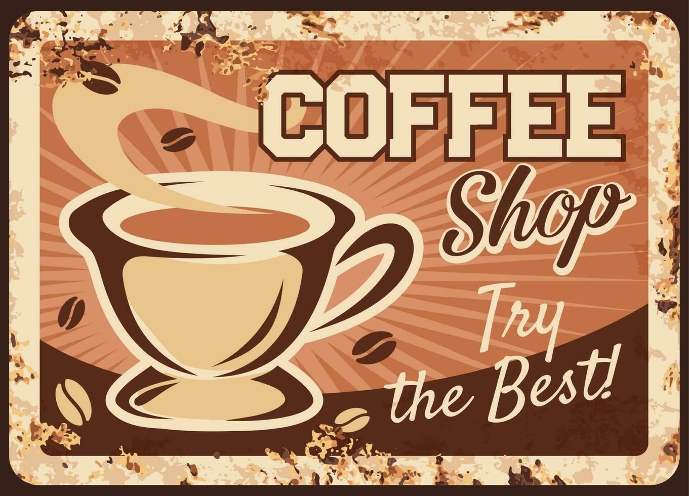 koffie winkel roestig metaal bord met stomen kop vector