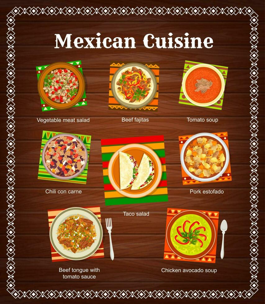 Mexicaans keuken voedsel menu, taco's, fajitas gerechten vector