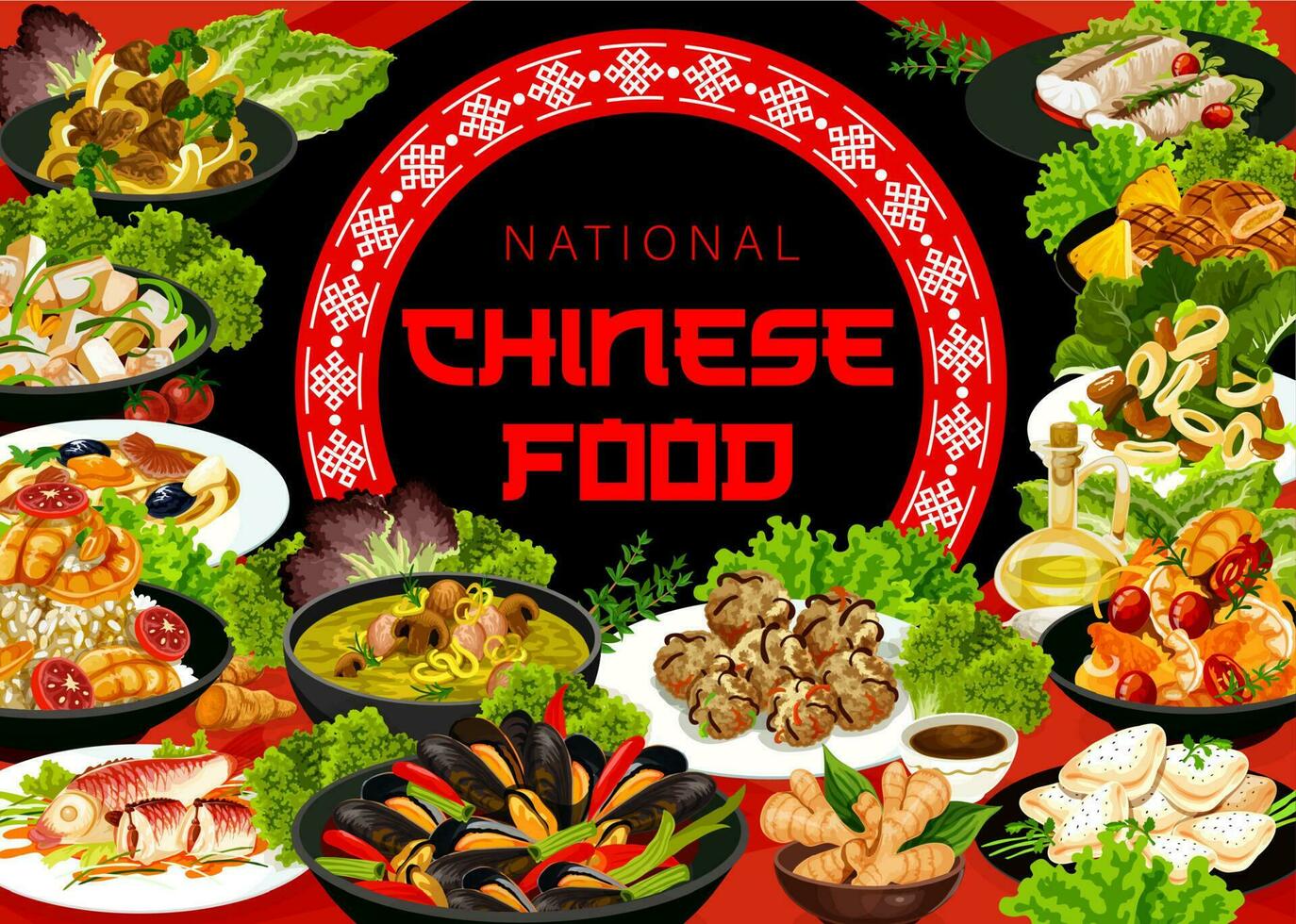 China voedsel Aziatisch gerechten tekenfilm vector poster