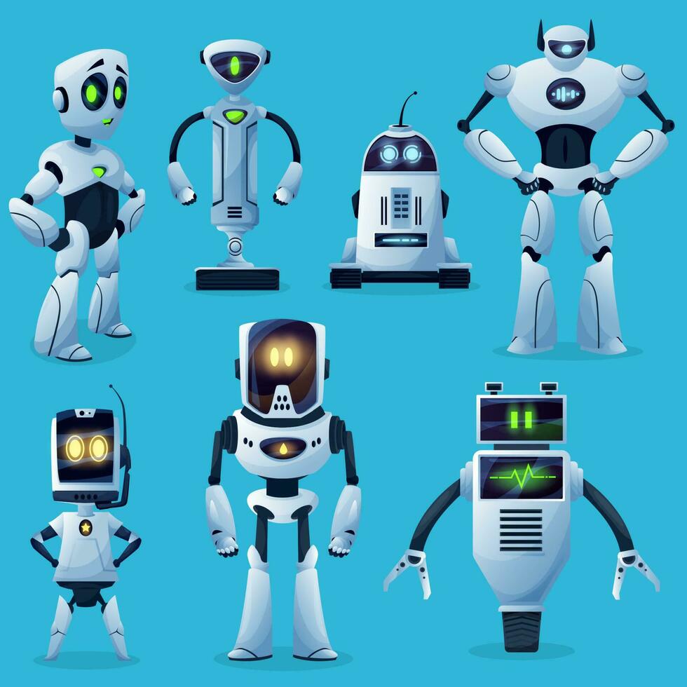 robot karakters, tekenfilm speelgoed en toekomst cyborgs vector