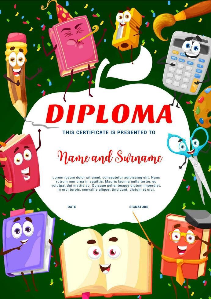 kinderen diploma, tekenfilm school- studieboeken, rekenmachine vector