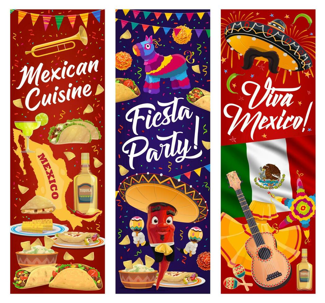 viva Mexico banners met Mexicaans feest partij voedsel vector