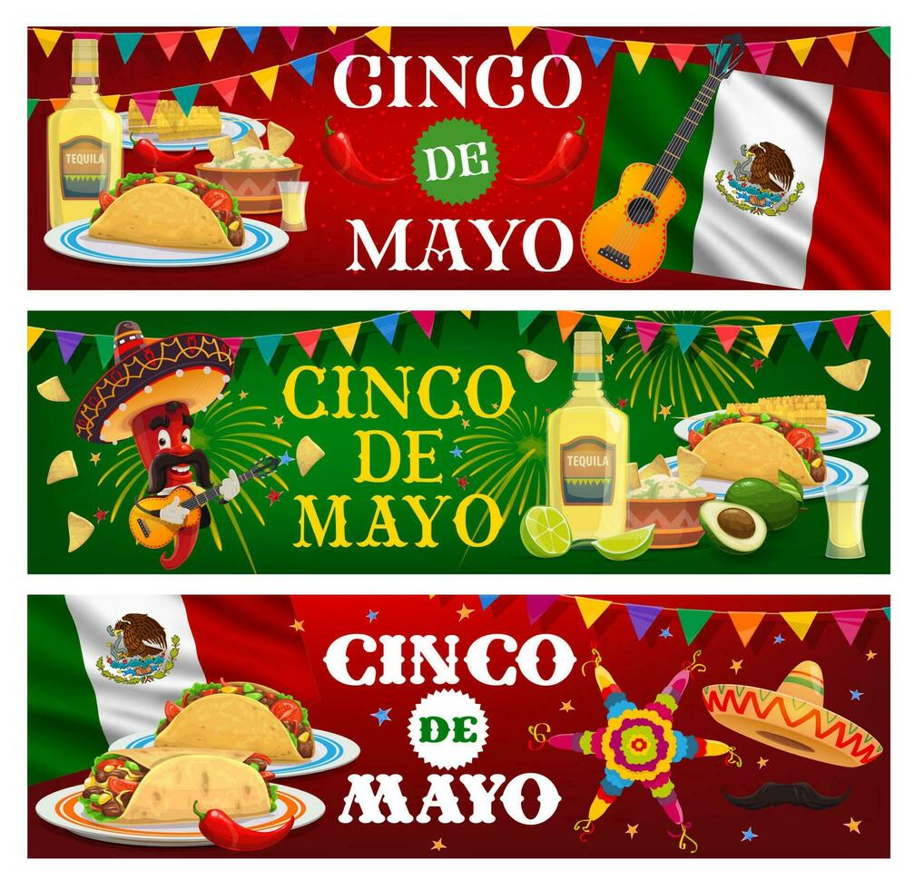 cinco de mayo vector banners met mariachi, voedsel