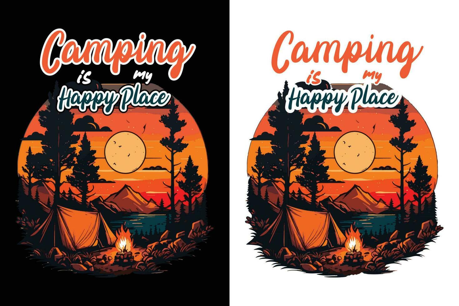 camping t-shirt ontwerp, reizen t-shirt afdrukken, avontuur berg, sublimatie afdrukken, ontwerp buitenshuis, tent camping in een Woud in de buurt de bergen vector