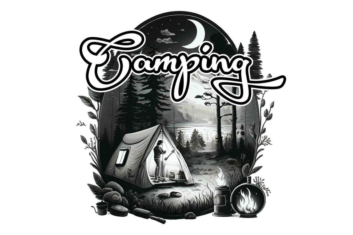 camping t-shirt ontwerp, reizen t-shirt afdrukken, avontuur berg, sublimatie afdrukken, ontwerp buitenshuis, tent camping in een Woud in de buurt de bergen vector