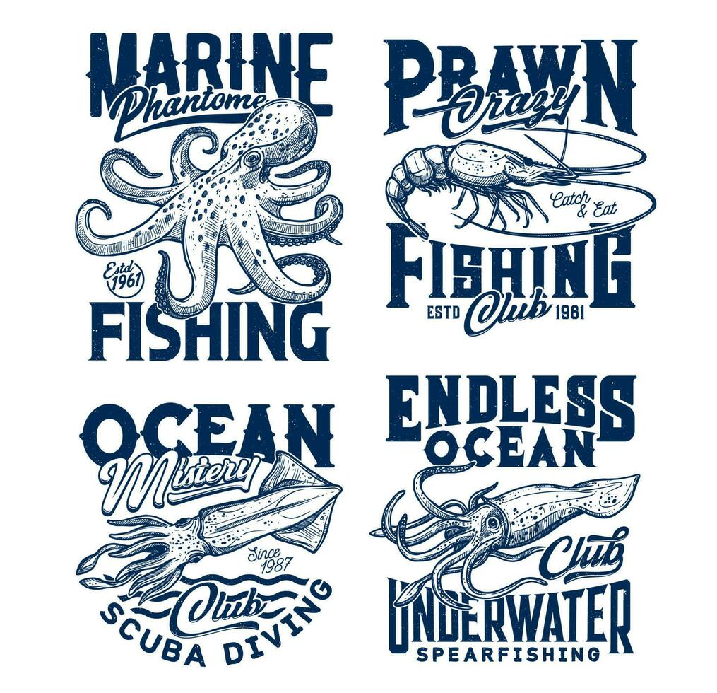 t-shirt afdrukken met vector schetsen onderwater- dieren