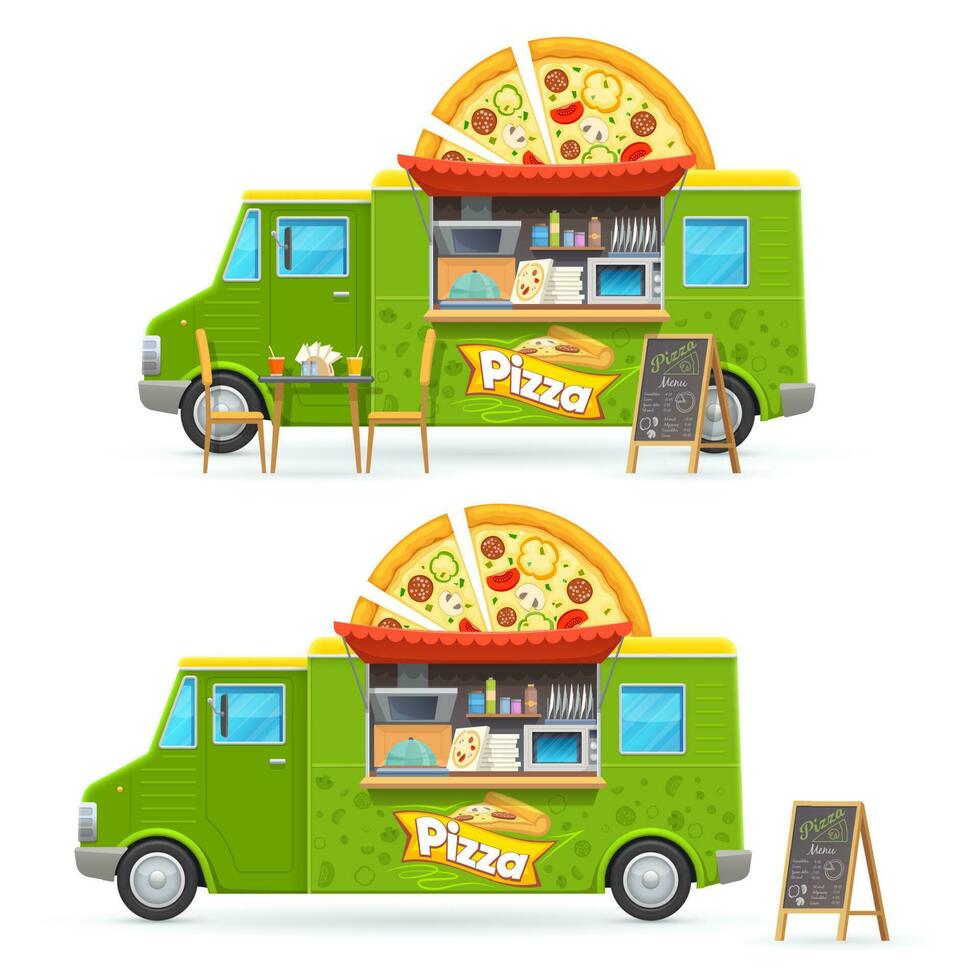 pizza voedsel vrachtauto geïsoleerd vector auto, tekenfilm busje