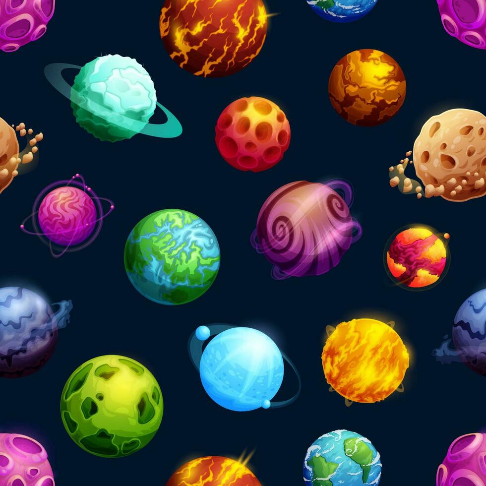 tekenfilm ruimte planeten, sterren naadloos patroon vector