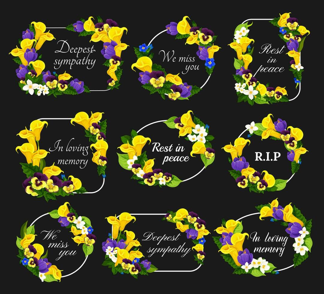 begrafenis kaarten, vector condoleance bloemen kransen