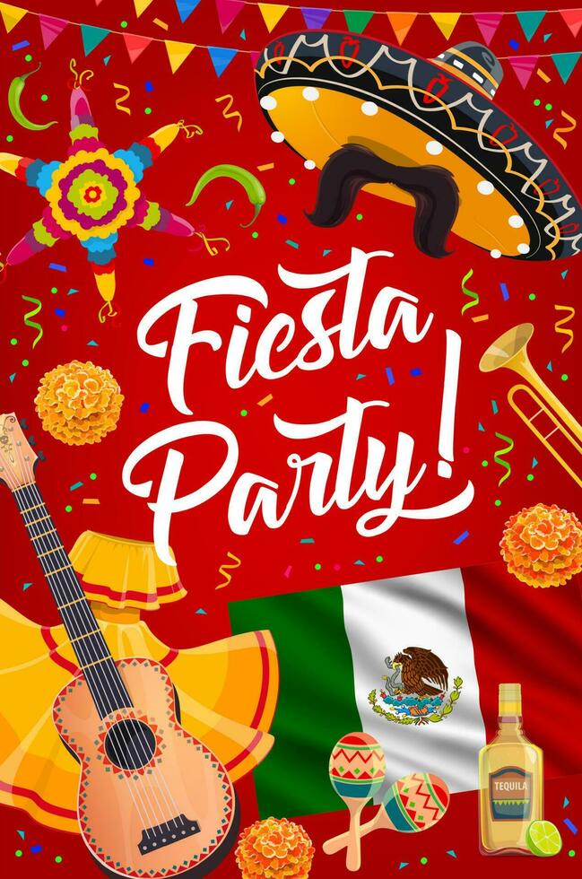 Mexicaans sombrero, gitaar en maracas, feest partij vector