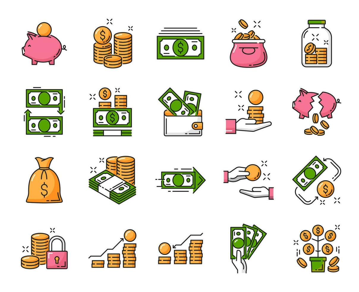 geld, financiën en spaargeld lijn vector pictogrammen