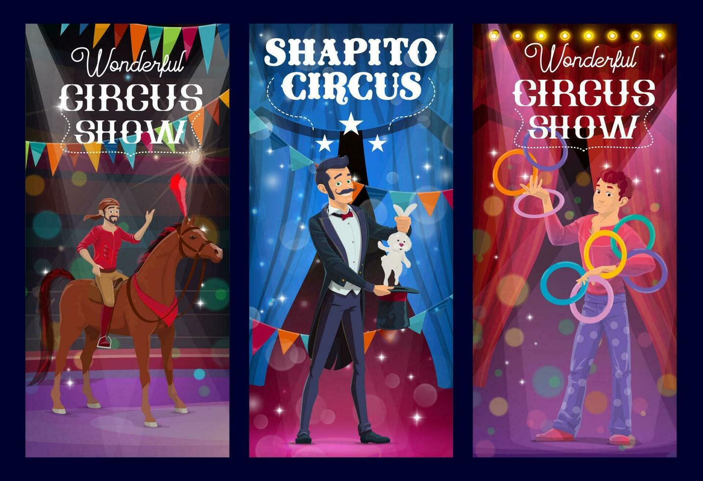 shapito circus goochelaar, acrobaat en jongleur. vector
