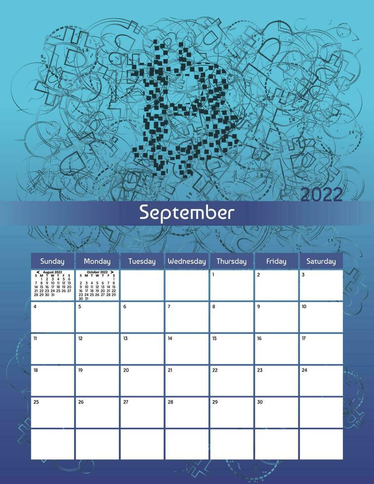 ons brief papier grootte vector futuristische maandelijks ontwerper kalender september 2022 week begint Aan zondag. verticaal technologie organisator, gewoonte tracker met bitcoin cryptogeld thema.