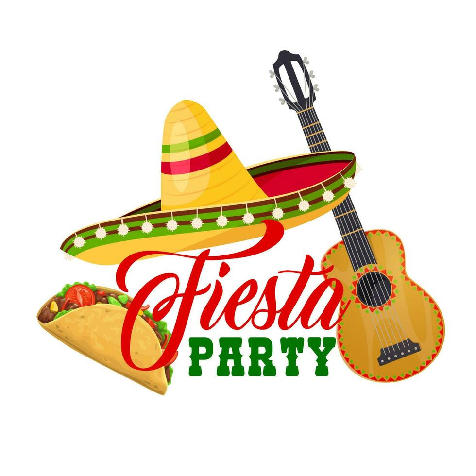 feest partij vector icoon sombrero, gitaar, taco's