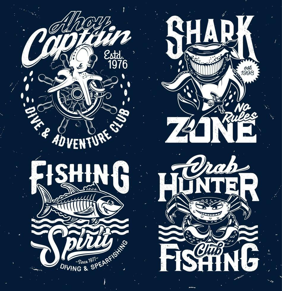 duiken, visvangst club t-shirt afdrukken vector sjabloon