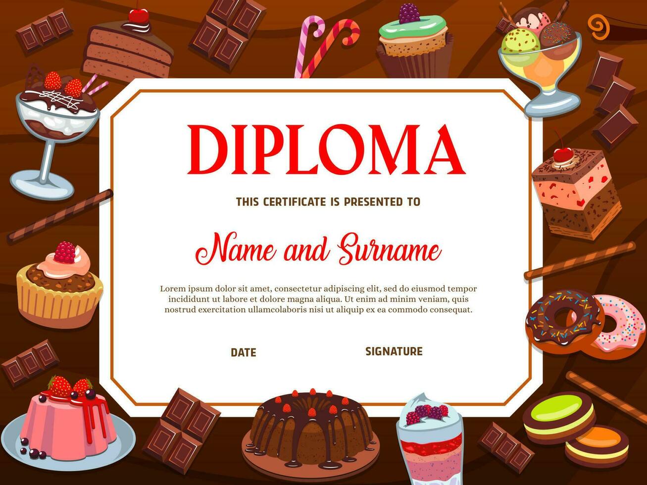 school- onderwijs diploma vector sjabloon desserts