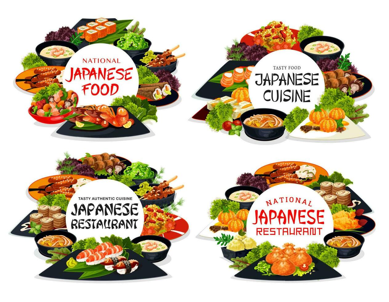 Japans keuken maaltijden en gerechten ronde banners vector