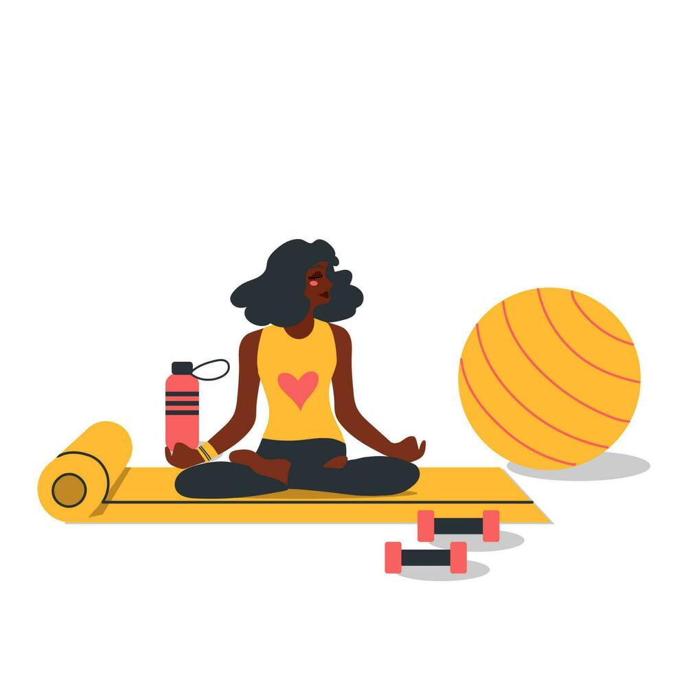 Afrikaanse Amerikaans vrouw aan het doen yoga opdrachten. gelukkig persoon beoefenen uitrekken training, opleiding Aan mat binnenshuis. mode illustratie door vrouwelijkheid, schoonheid, en mentaal Gezondheid. vector