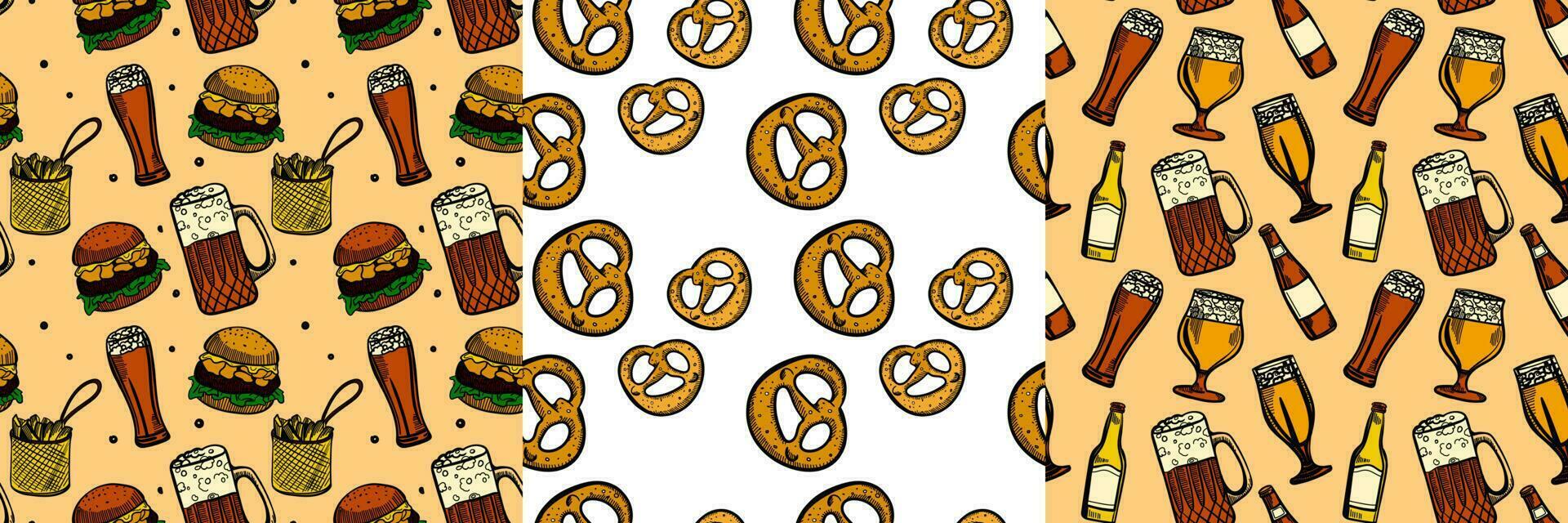straat voedsel naadloos patroon set. omhulsel papier ontwerp. geel gravure stijl illustraties van hamburger en bier. eps10 vector illustratie.