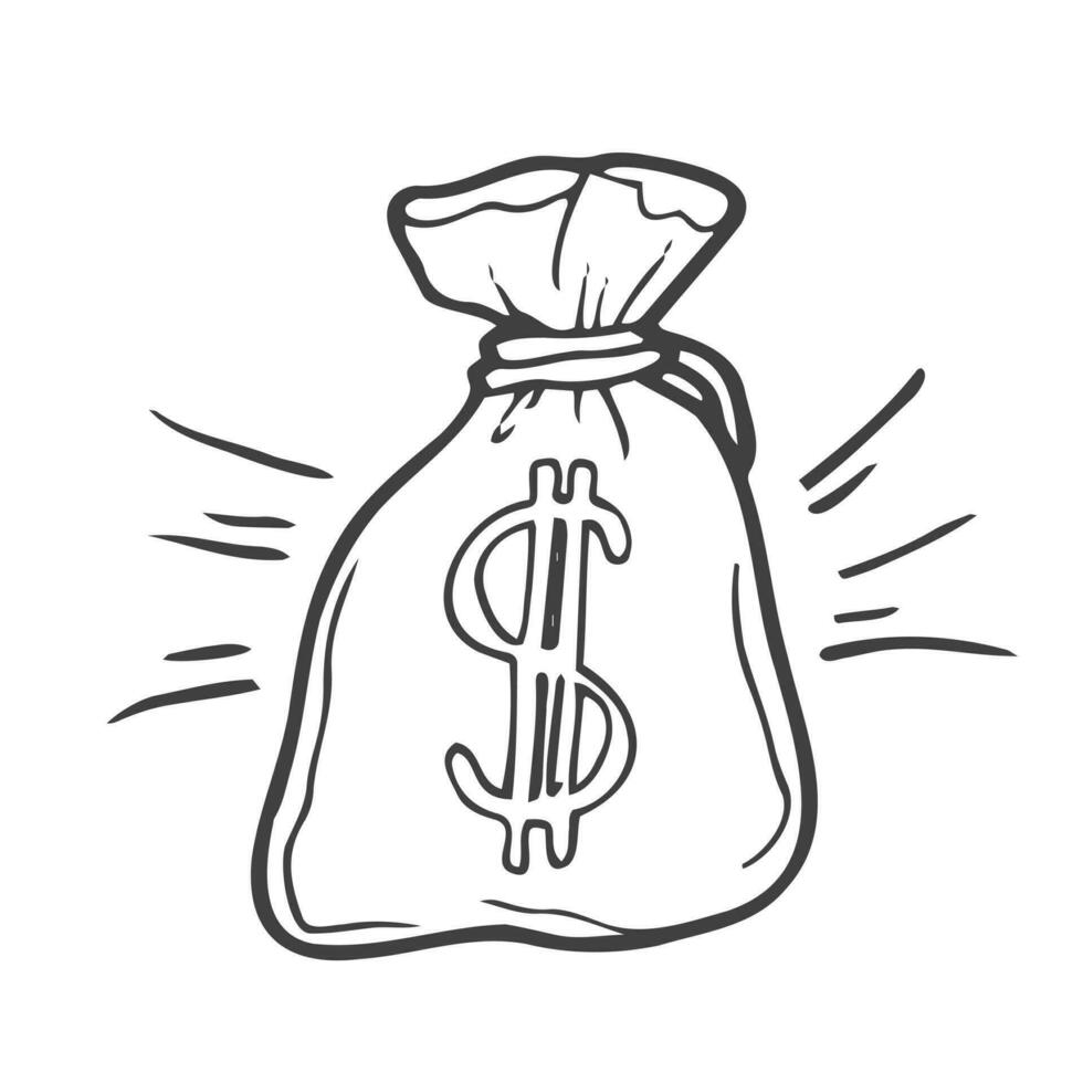 zak geld zak met dollar teken symbool met tekening hand- getrokken stijl. schetsen concept voor bedrijf en financiën icoon vector illustratie