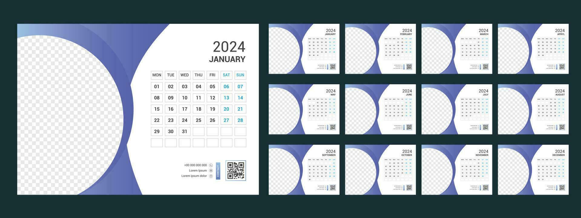 kalender 2024 ontwerper zakelijke sjabloon ontwerp set. week begint Aan maandag.sjabloon voor jaar- kalender 2024 vector