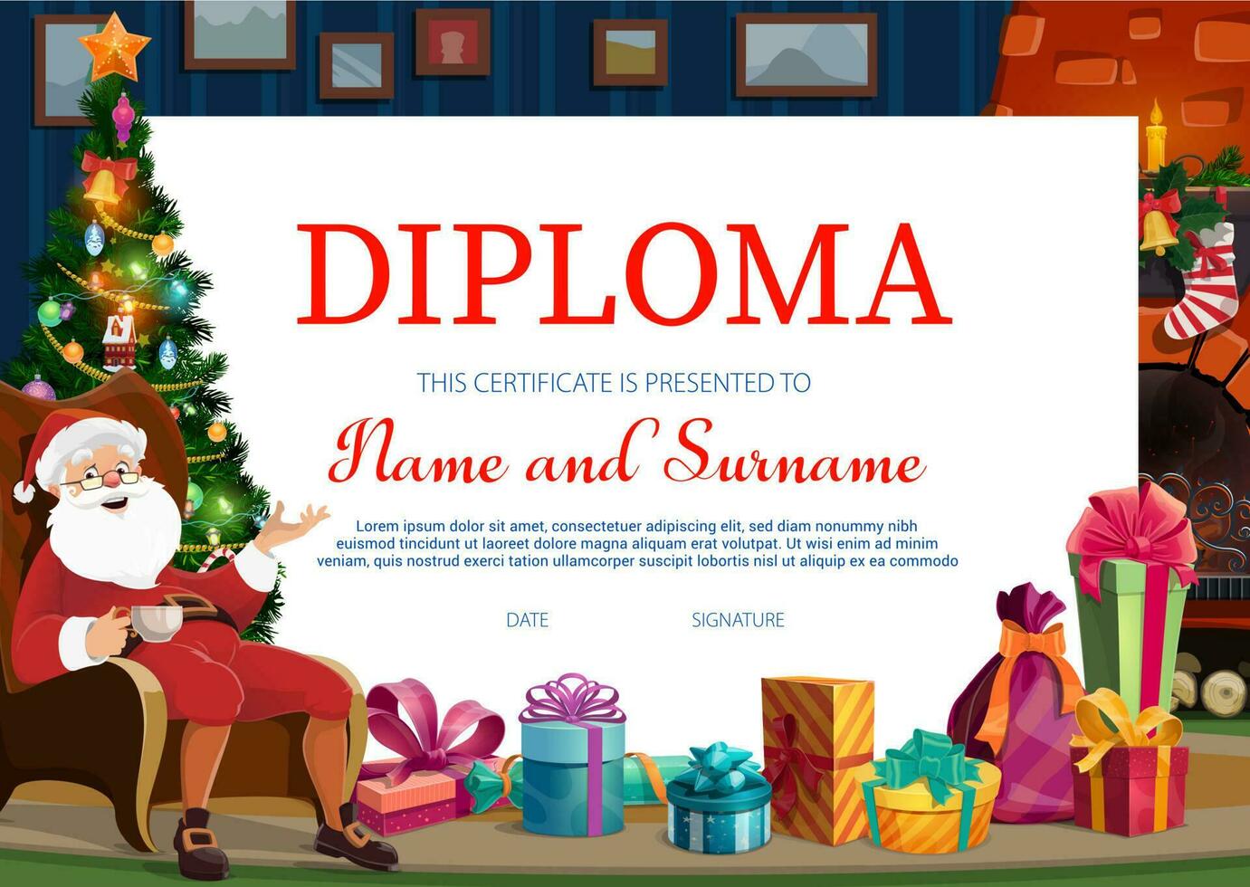 Kerstmis vakantie kinderen diploma vector sjabloon