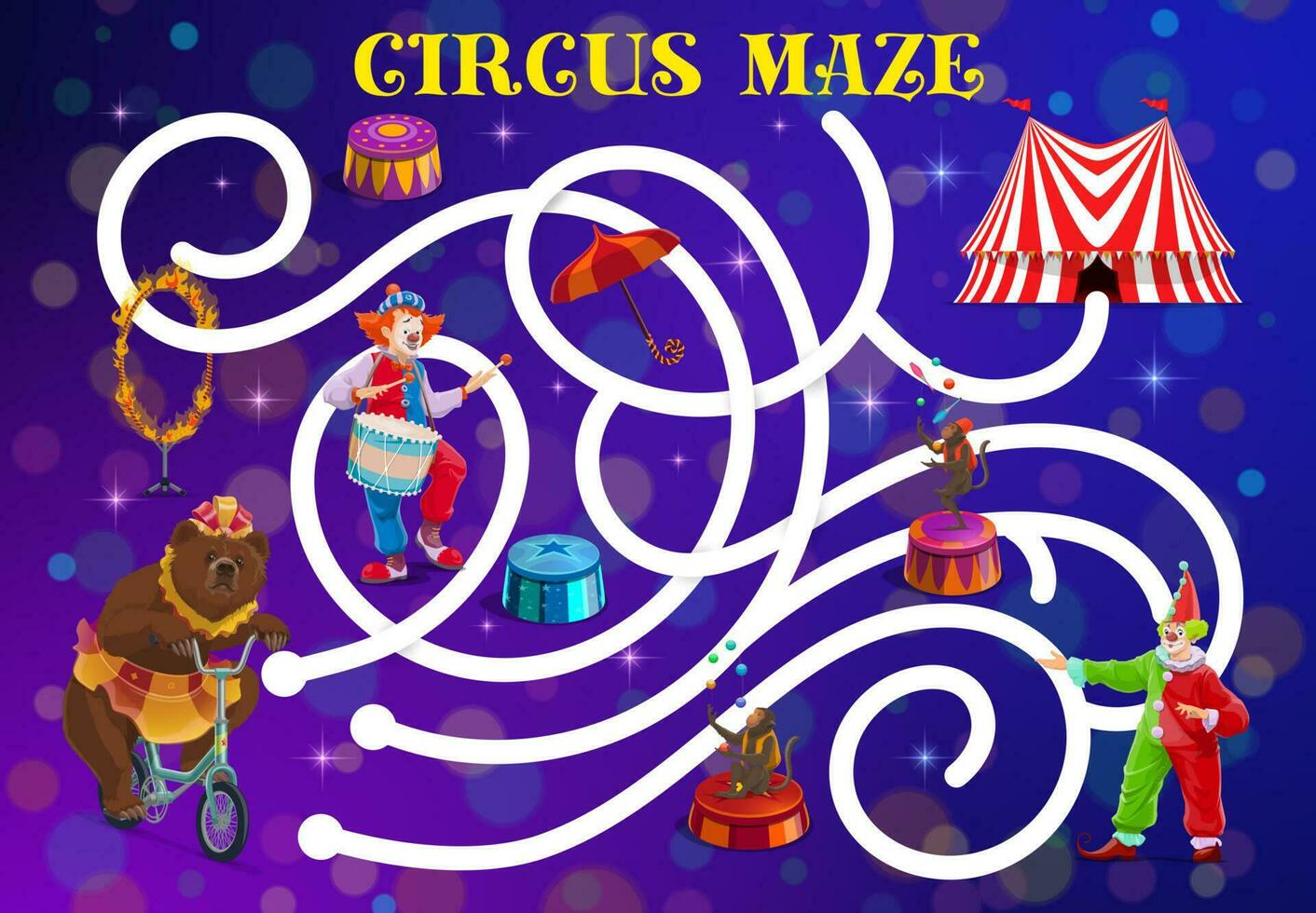 circus labyrint doolhof spel met clown en beer vector