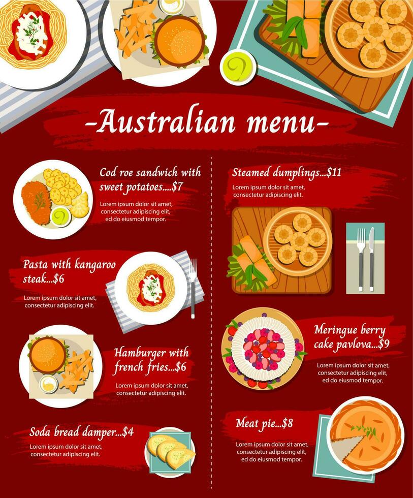 Australisch voedsel keuken menu, restaurant gerechten vector