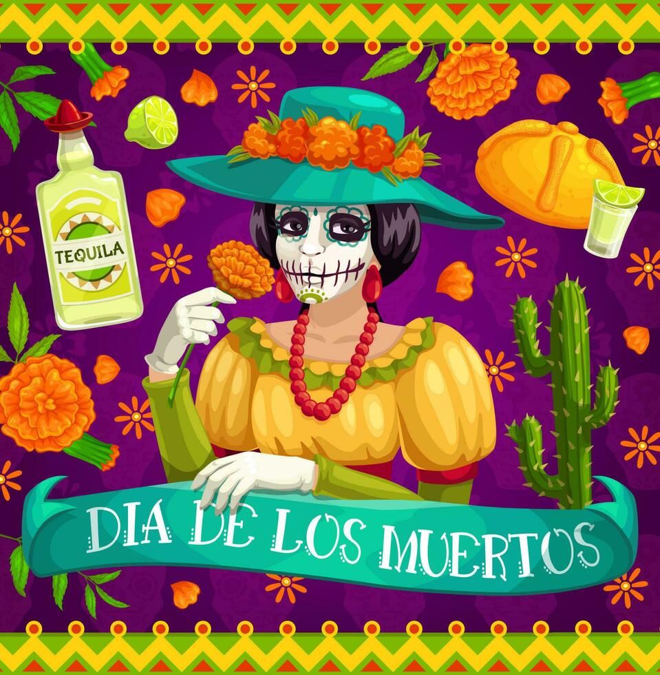 Mexicaans dag van dood Catrina skelet met bloemen vector