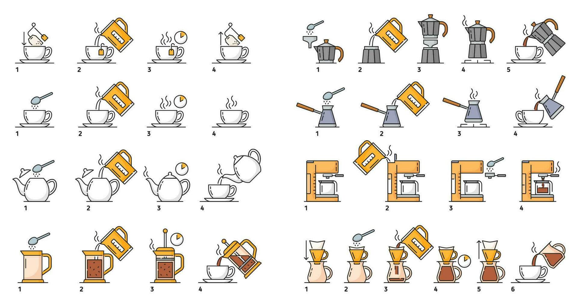 maken thee en koffie brouwen, voorbereiding instructie vector