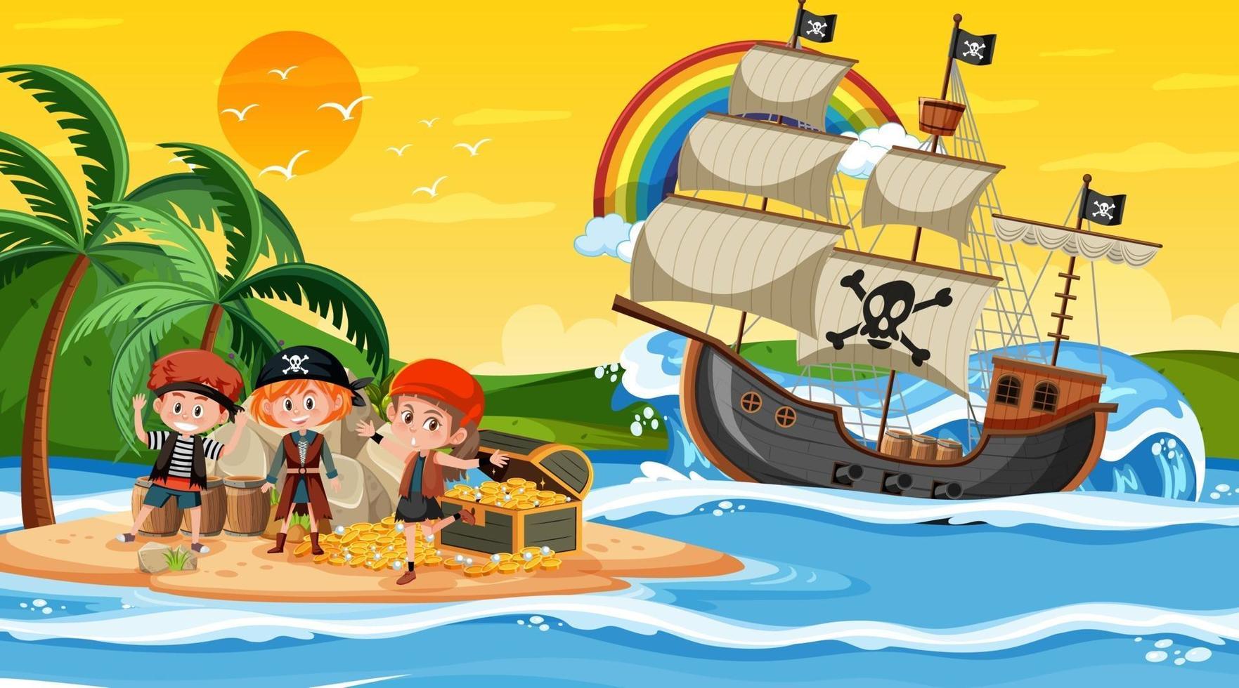 Treasure Island-scène in zonsondergangtijd met piratenkinderen vector