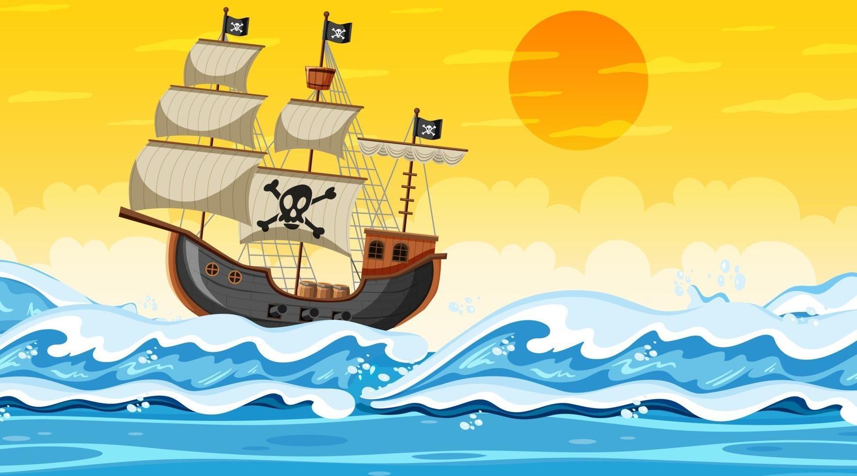 oceaanscène in zonsondergangtijd met piratenschip in beeldverhaalstijl vector