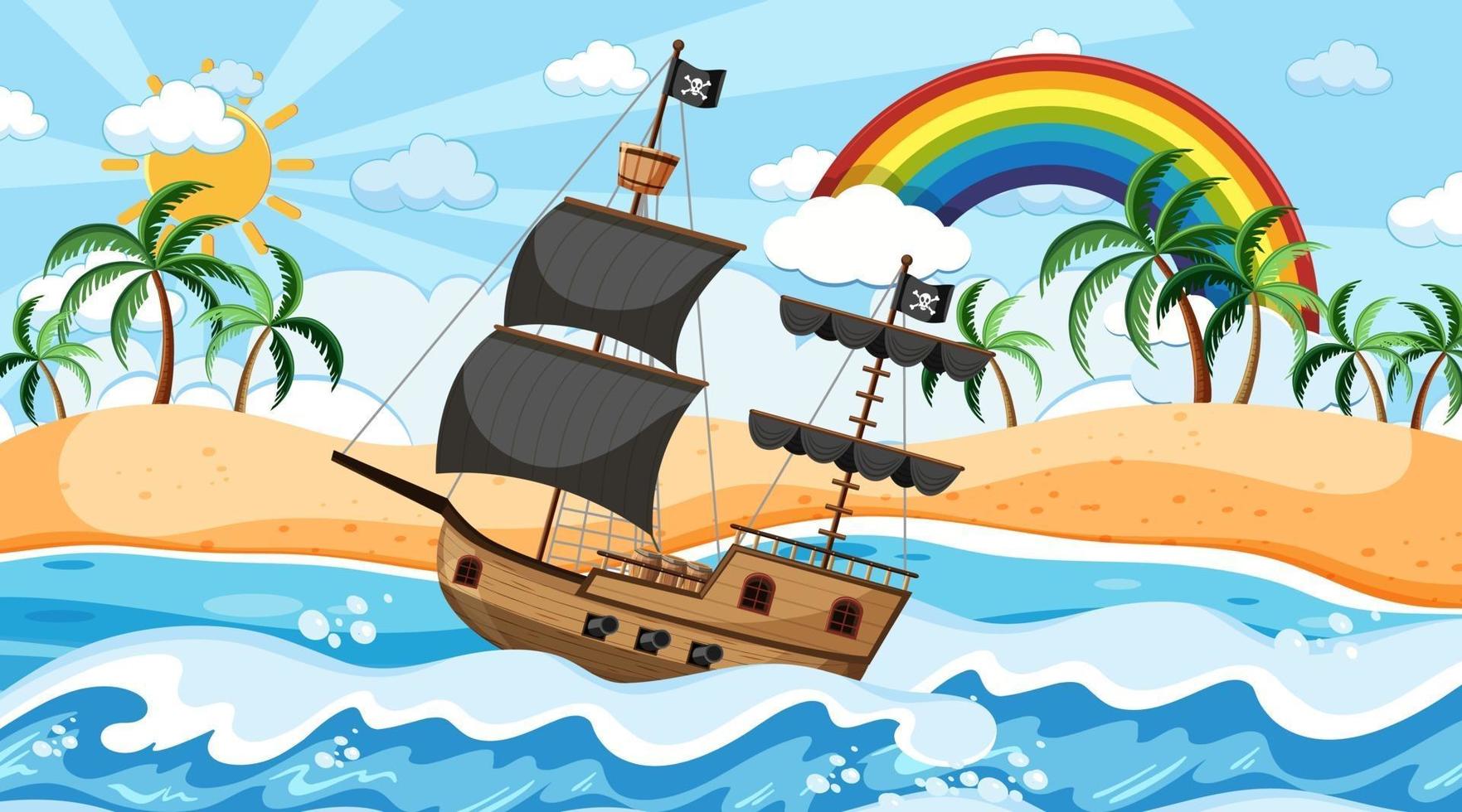 oceaan met piratenschip op dagtijdscène in cartoonstijl vector