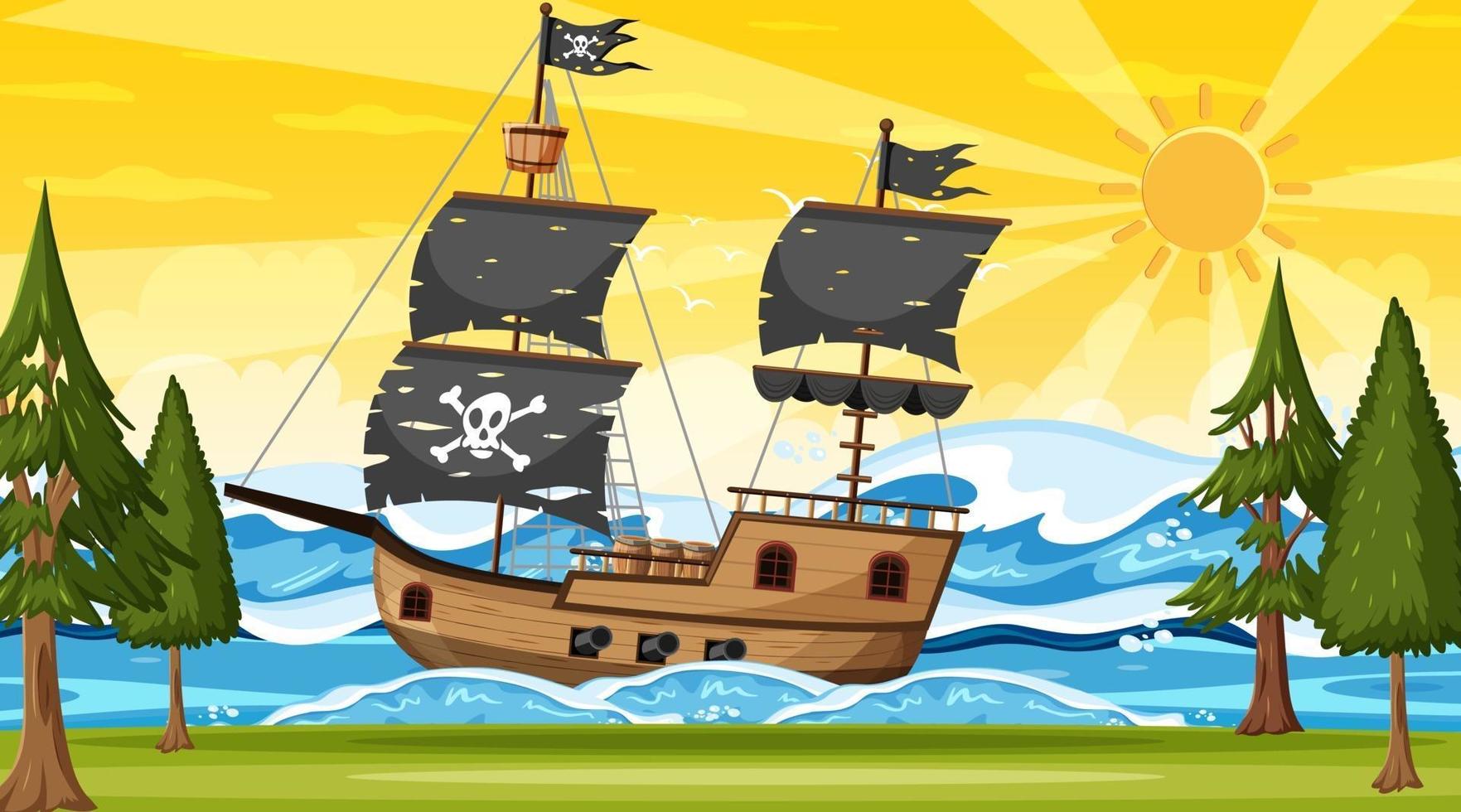 oceaan met piratenschip in de scène van de zonsondergangtijd in cartoonstijl vector