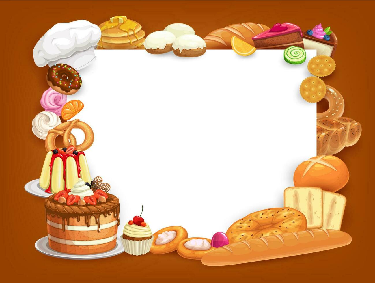 gebakje en bakkerij voedsel vector kader grens