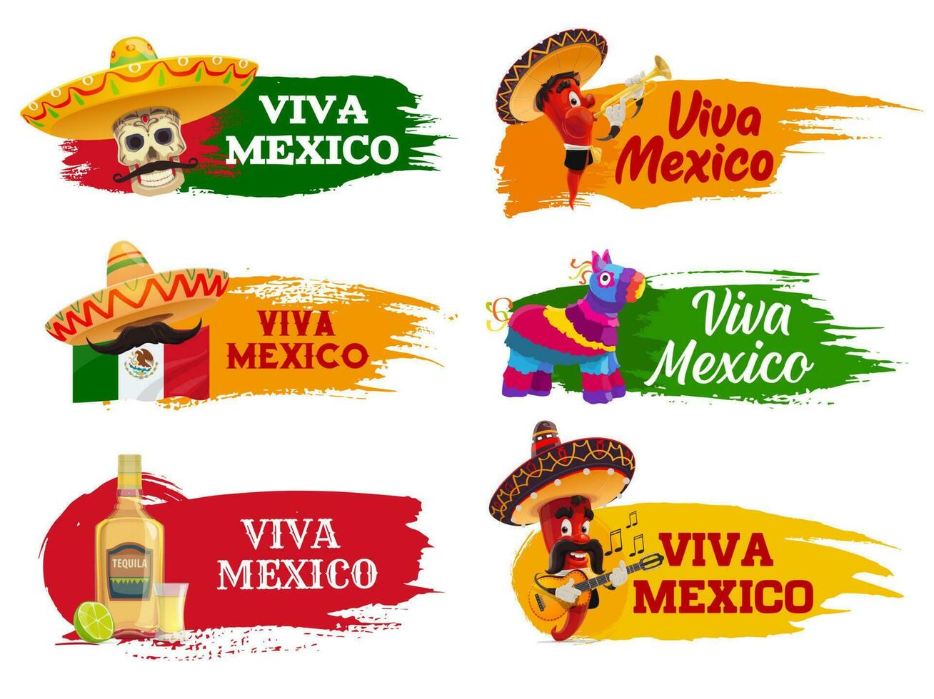 viva Mexico pictogrammen met peper muzikanten, sombrero's vector