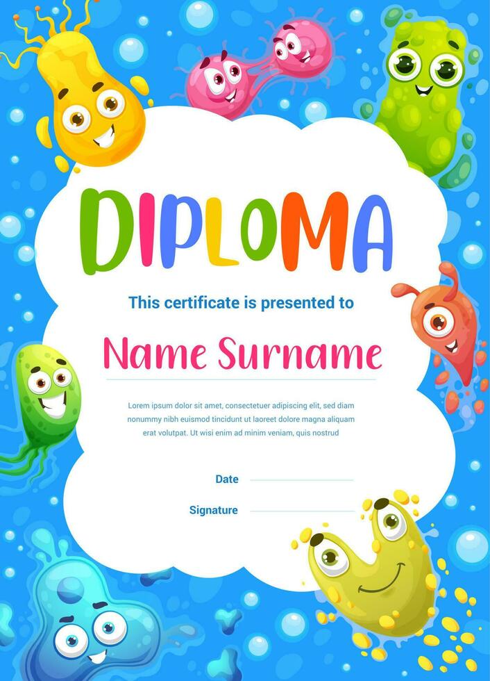 kinderen diploma certificaat met tekenfilm virussen vector