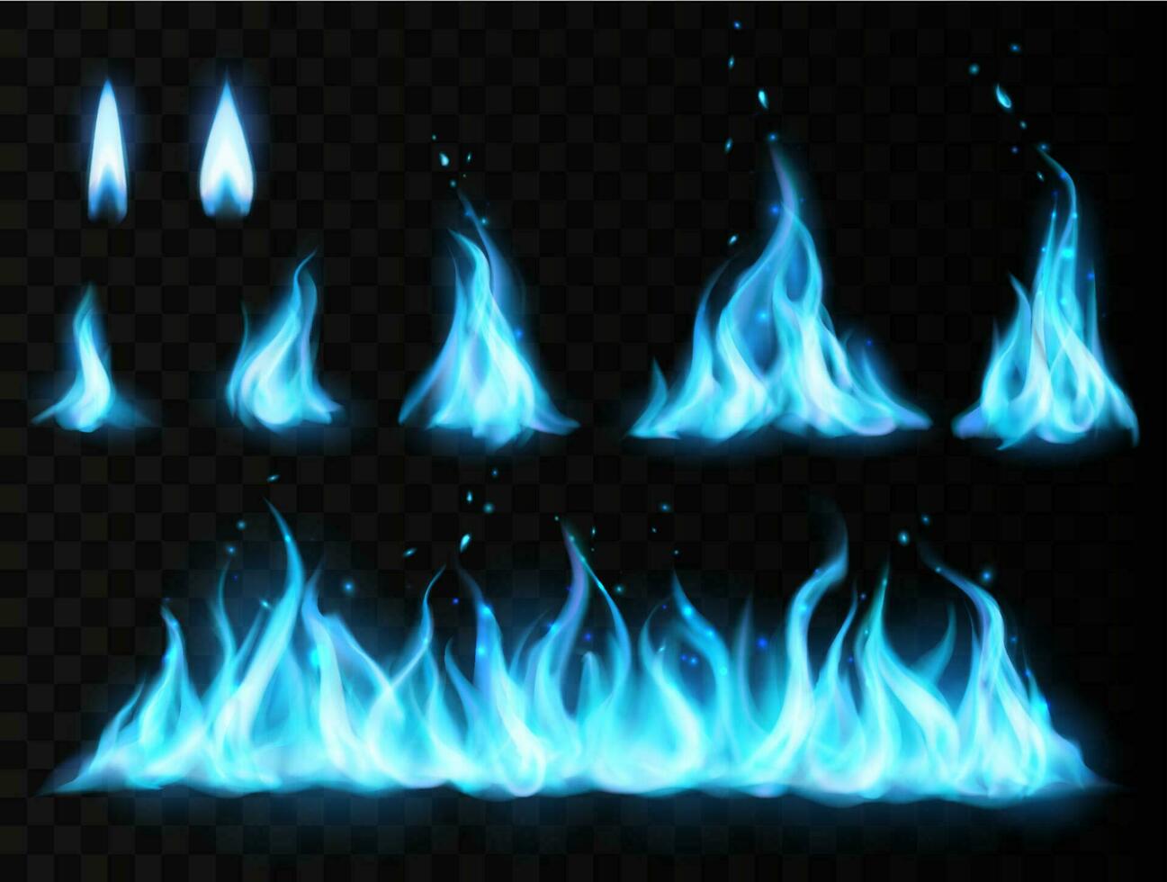 blauw brand vlam vector set, transparant achtergrond