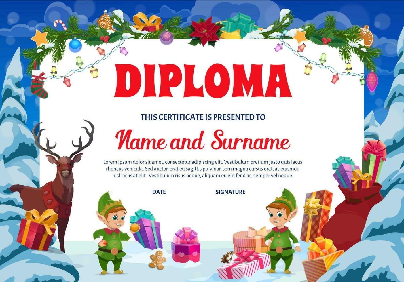 kinderen Kerstmis diploma, kleuterschool certificaat vector