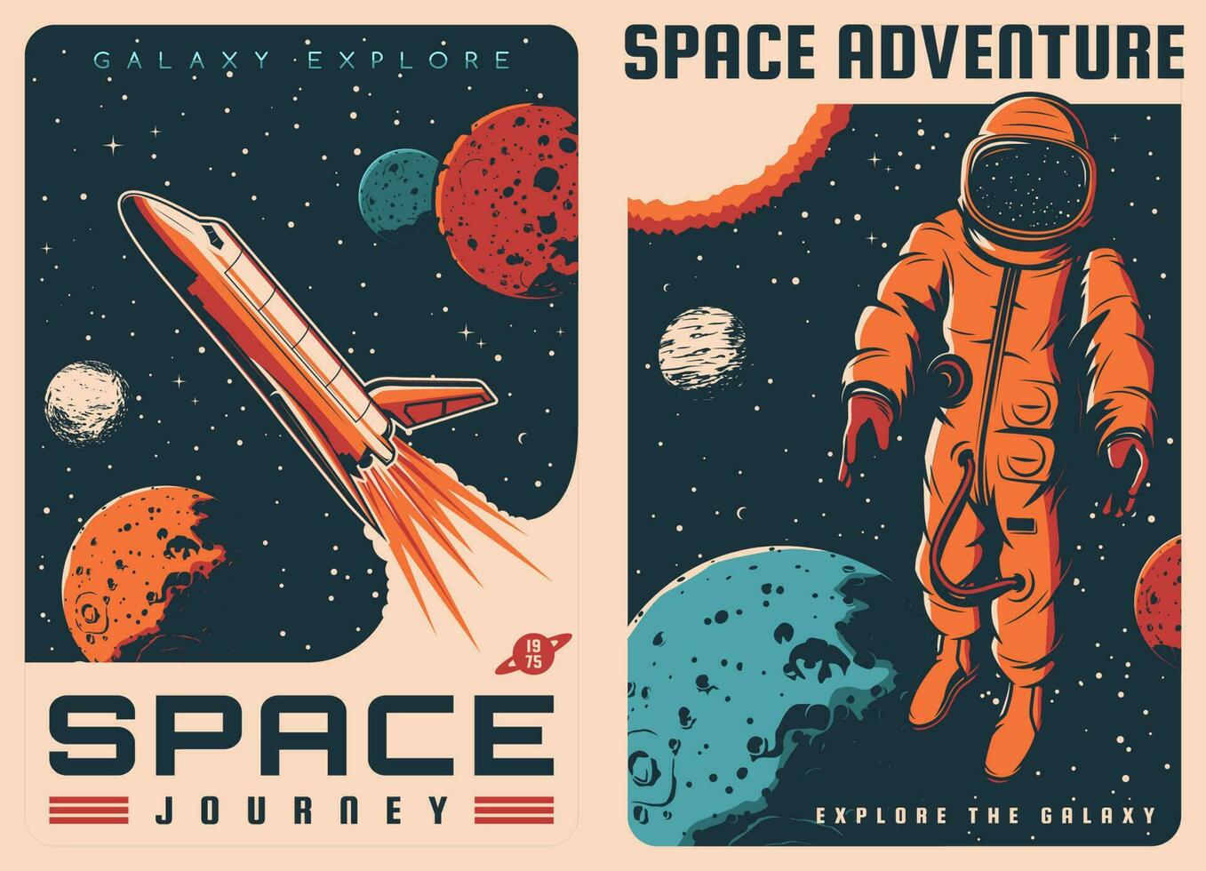 ruimteschip, astronaut in buitenste ruimte retro posters vector