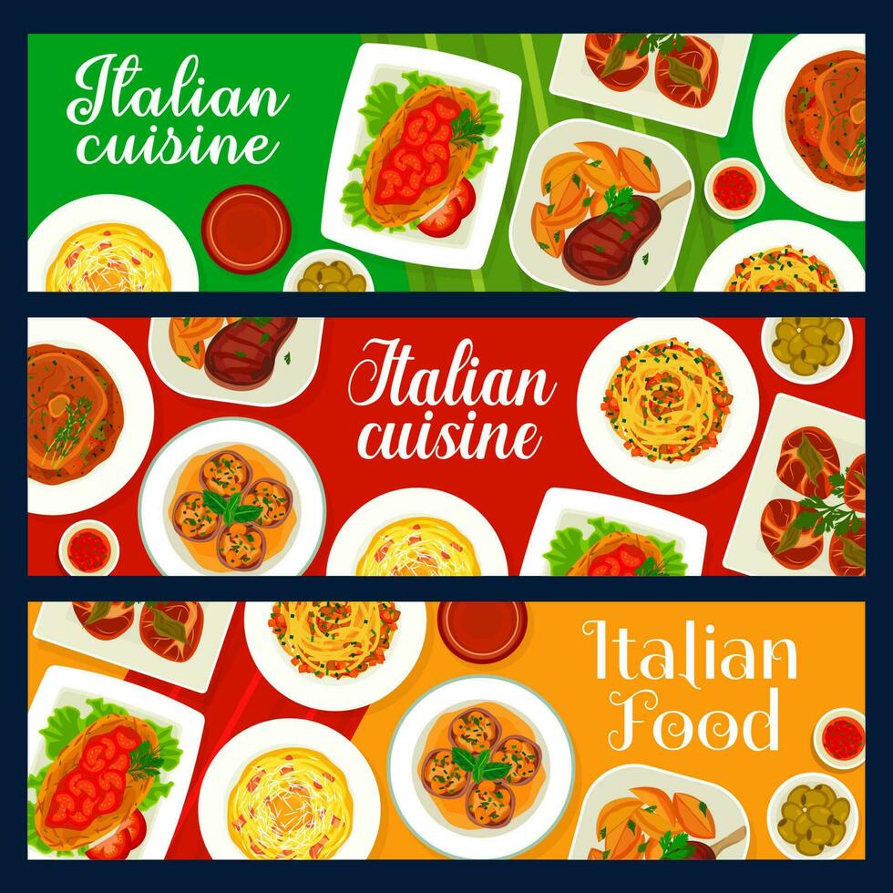 Italiaans voedsel spandoeken, Italië keuken gerechten menu vector