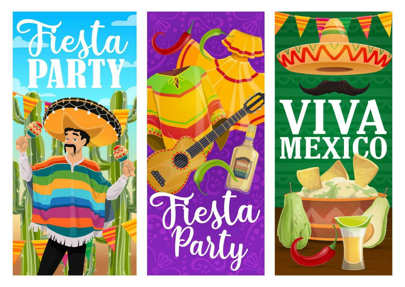 viva Mexico feest partij voedsel en mariachi banners vector