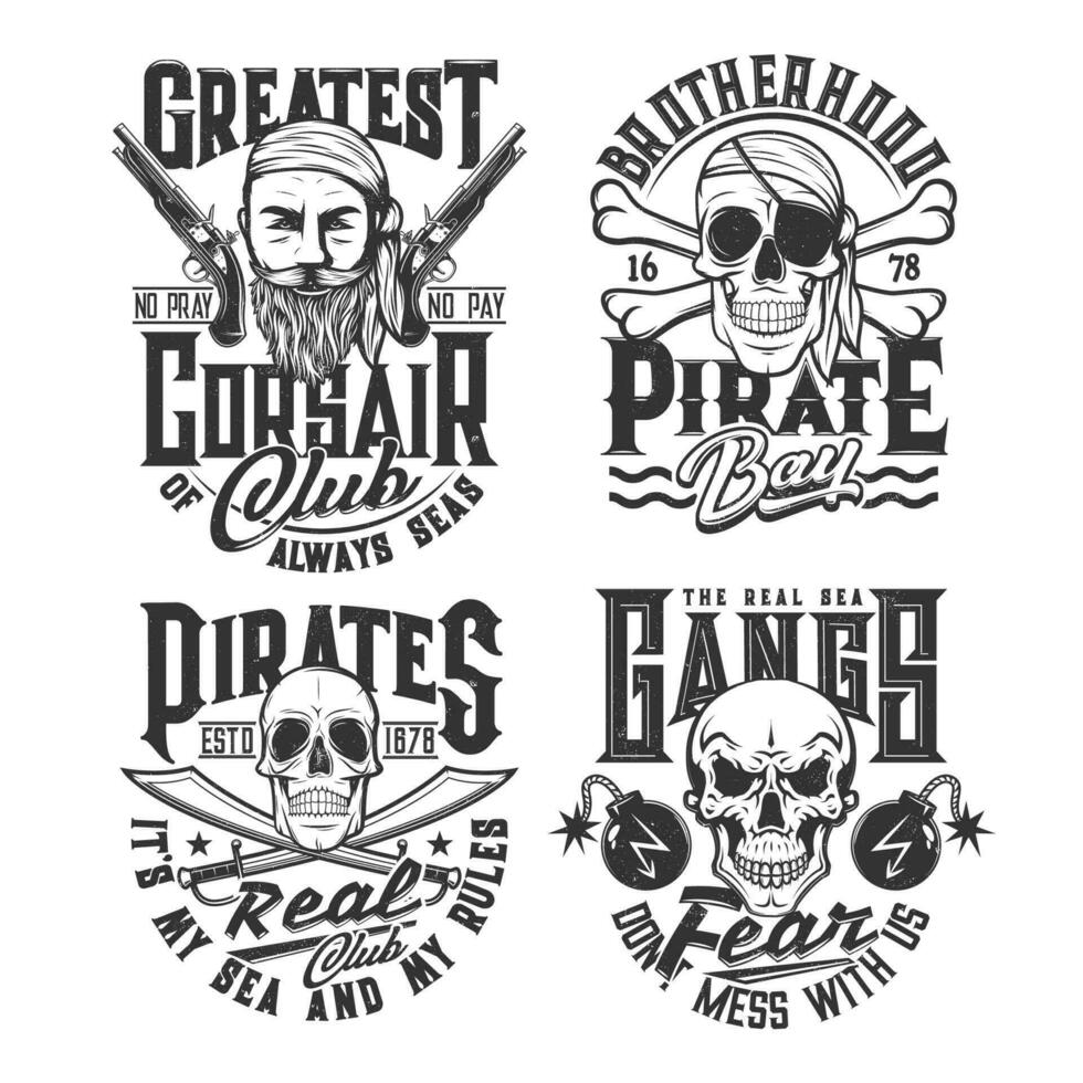 piraten en zeerovers bendes t-shirt grunge prints vector