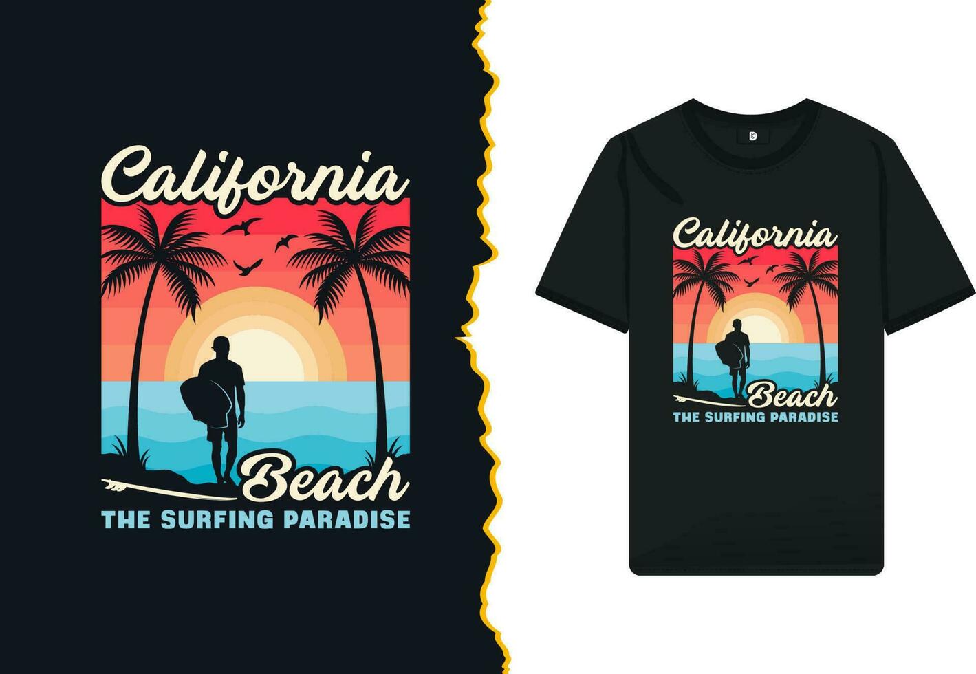 Californië strand de surfing paradijs - zomer retro kleur-stijl t-shirt ontwerp sjabloon. illustratie met een surfplank, palm boom, vogel surfman, en zonsopkomst thema. vector