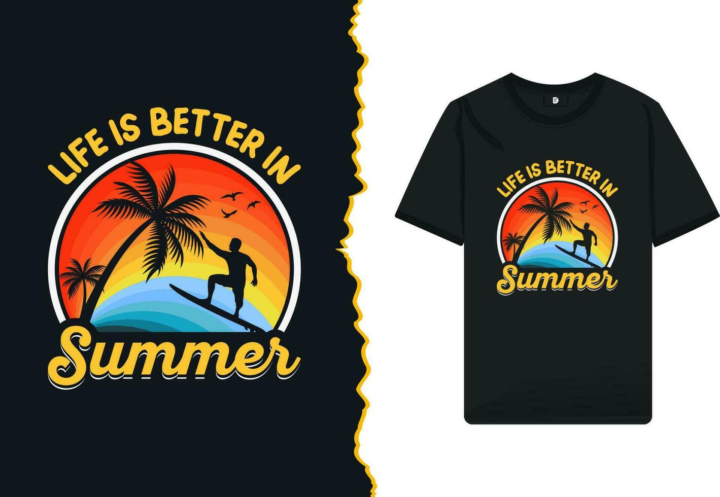 zomer wijnoogst retro t-shirt ontwerp sjabloon. illustratie met palm boom, zonsopkomst, en surfboard silhouet. het kan worden gebruikt voor ieder afdrukken item. ontwerp citaat - leven is beter in zomer. vector