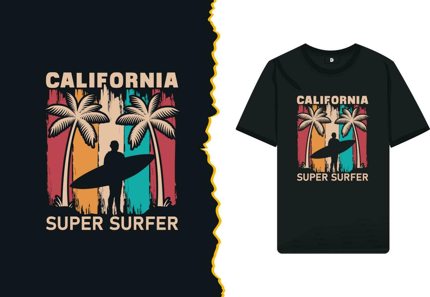 Californië super surfer t-shirt ontwerp sjabloon. hoge kwaliteit vector ontwerp voor afdrukken Aan een shirt, mok, groet kaart, en poster.