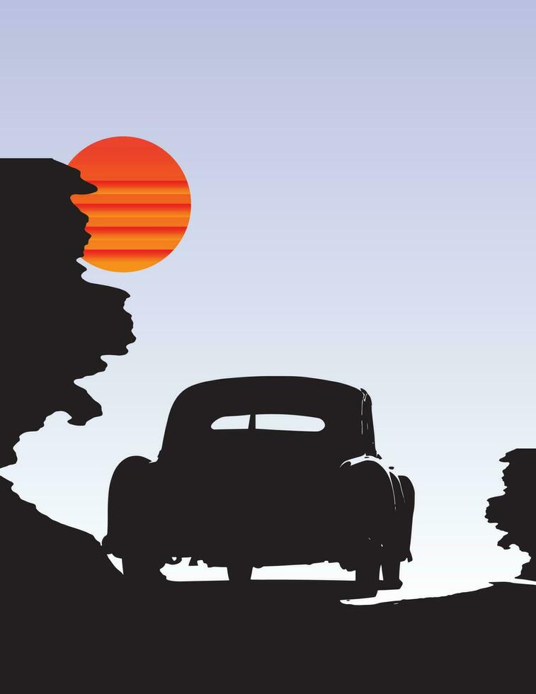 wijnoogst stijl silhouet van de oud auto natuur en zon vector