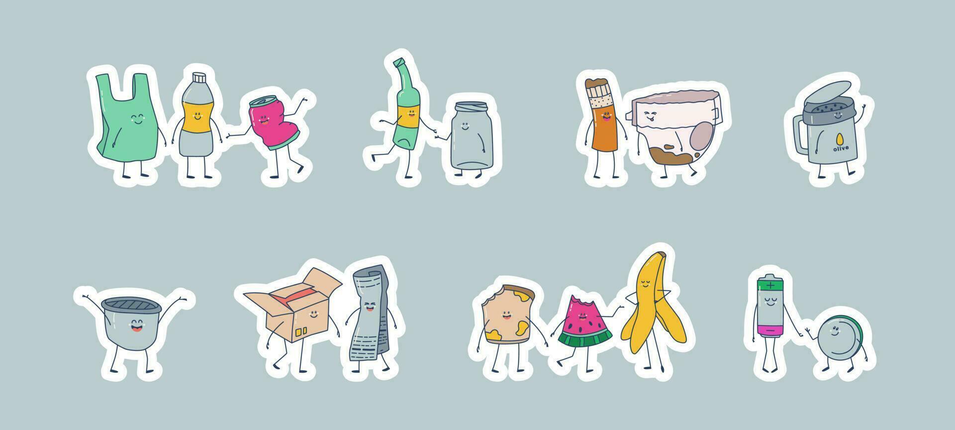 reeks van stickers voor verspilling sorteren uitschot blikjes. schattig kawaii uitschot karakters. vector illustraties voor ontwerp, stickers, enz.