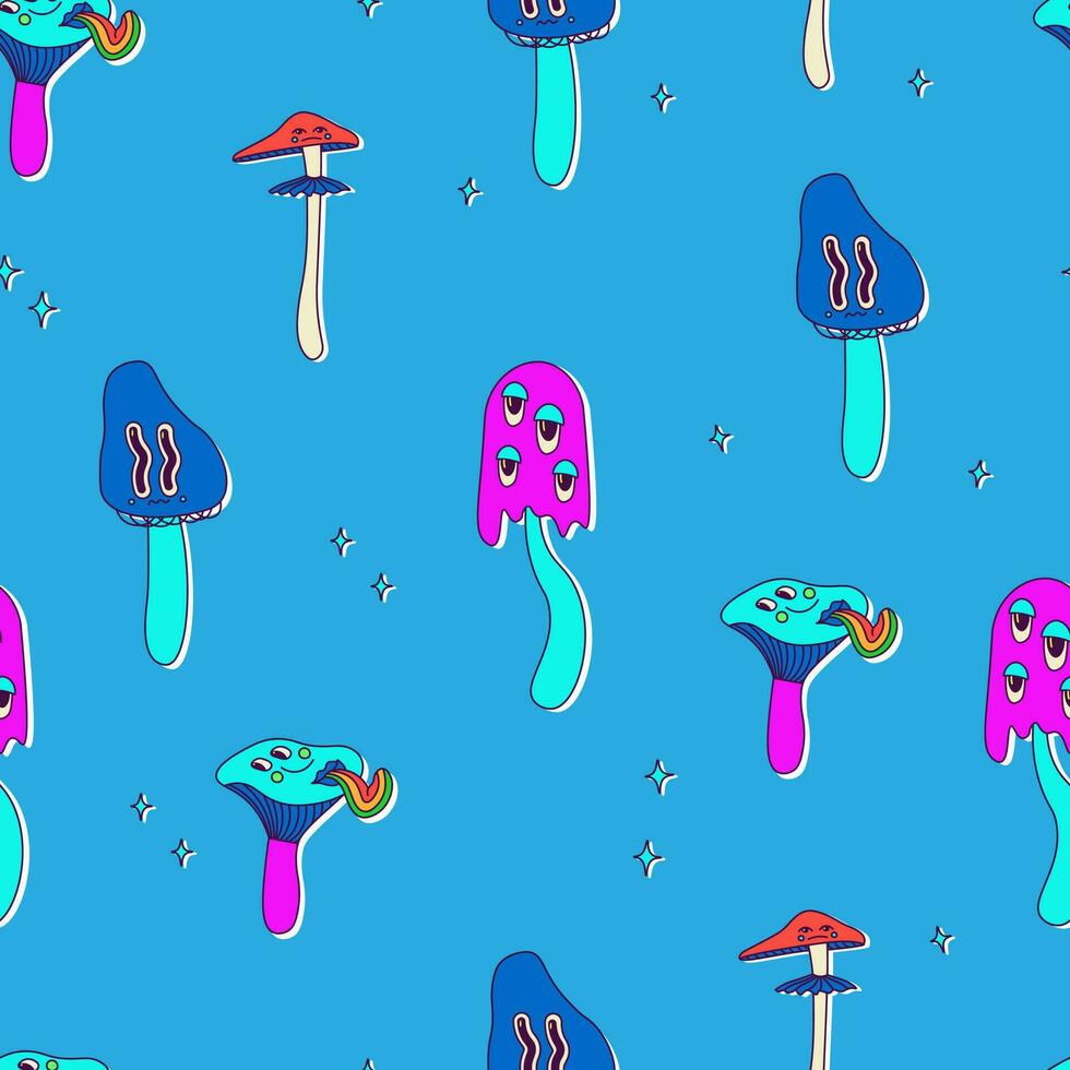 naadloos patroon van klassiek psychedelisch tekenfilm champignons met gezichten, ogen, tongen en wangen. schattig vector neon veelkleurig herhalen afdrukken Aan blauw achtergrond.